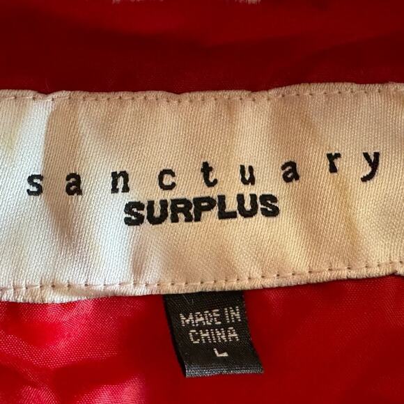 Sanctuary Surplus jacket cream faux fur with pockets & red lining  Sz L mob wife - Picture 8 of 9